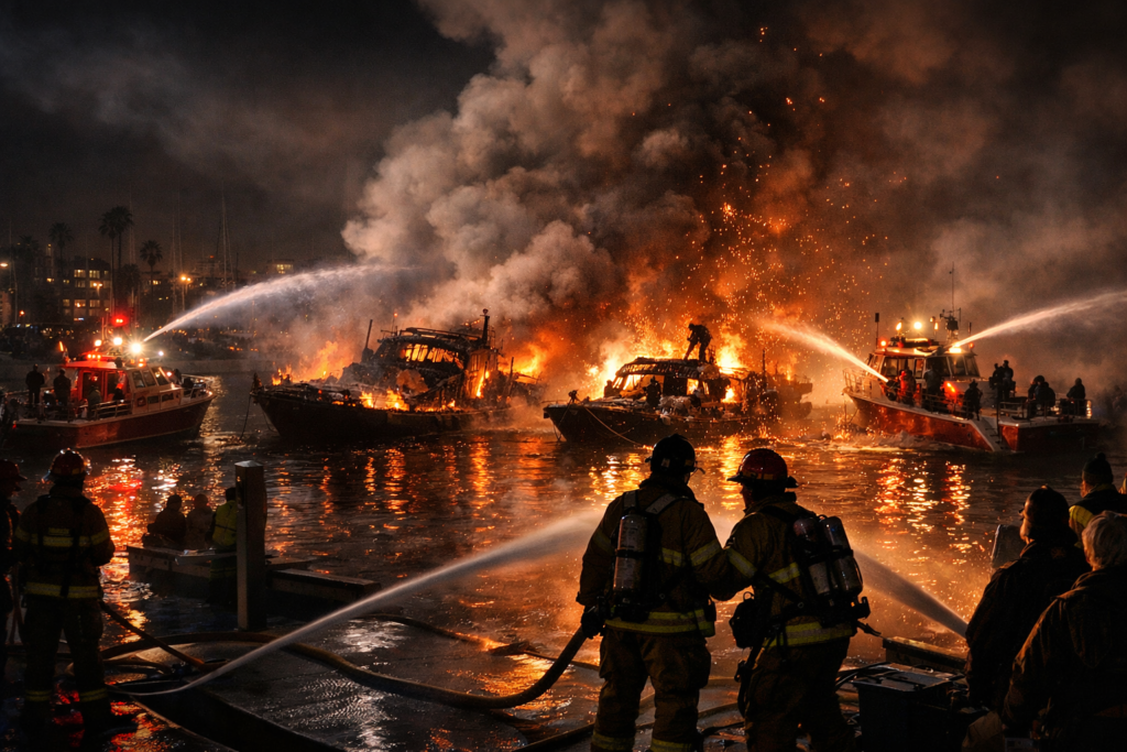 Blaze at Marina del Rey Two Boats Engulfed in Flames
